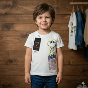 Snoopy T-shirt, White Kids Wear, বাচ্চাদের সাদা গেঞ্জি, GUESS Kids BD, সুতি টি-শার্ট, Good Vibes Only Shirt, Magpie Shop.