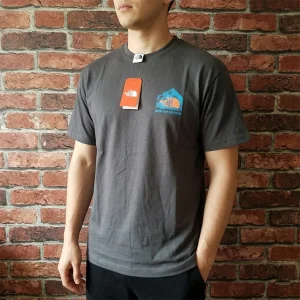 The North Face grey t-shirt with blue mountain graphic and Never Stop Exploring slogan on a brick background.