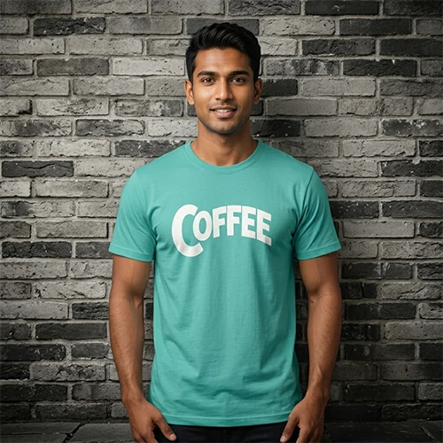 Stylish mint green men's cotton t-shirt with white coffee graphic print on the front