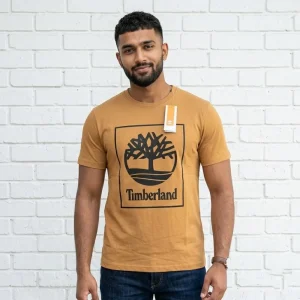 Timberland Mustard Yellow Box Tree Logo Printed Cotton T-Shirt for Men