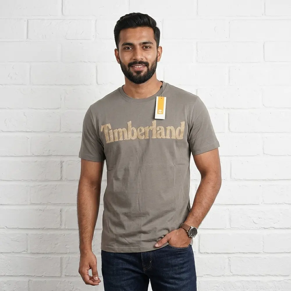 Timberland Grey Textured Logo Printed Cotton T-Shirt for Men