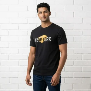 New York Black Printed Casual Cotton T-Shirt