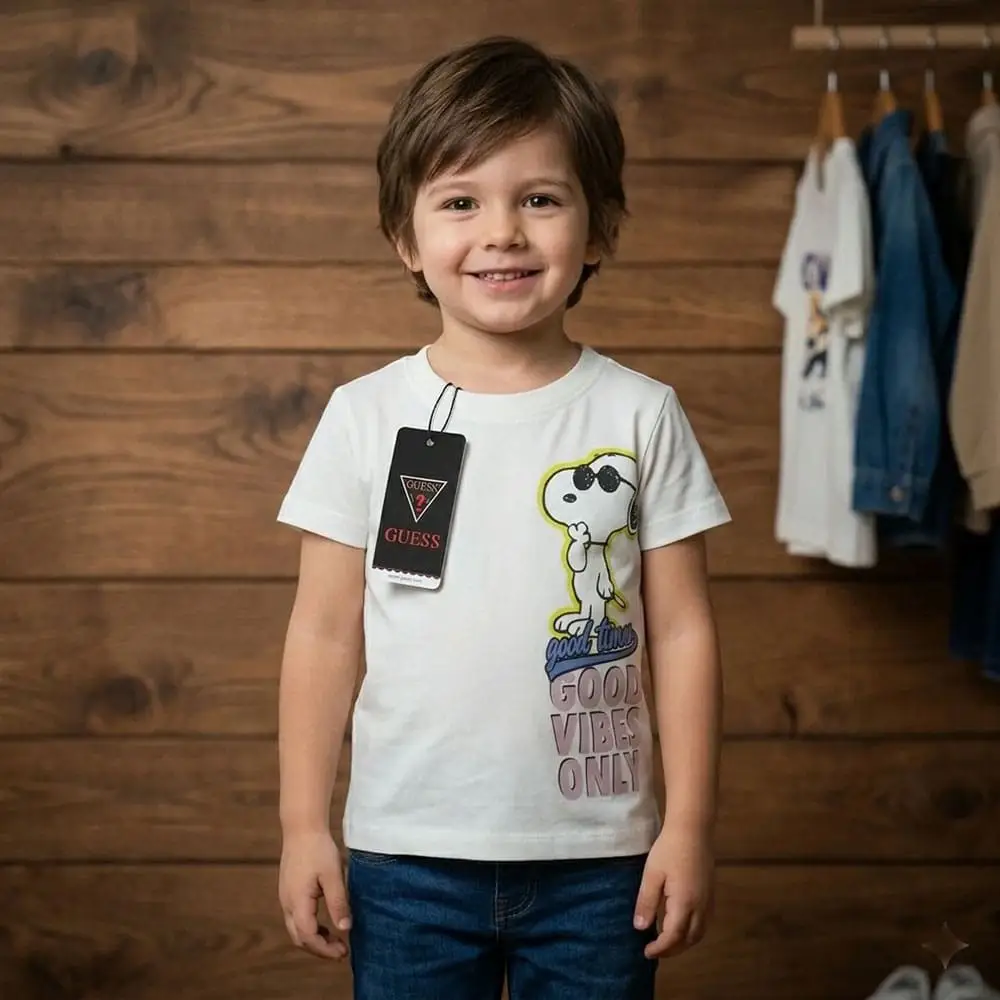 Guess Snoopy Print Good Vibes Only White Cotton T-Shirt for Kids - Magpie Shop