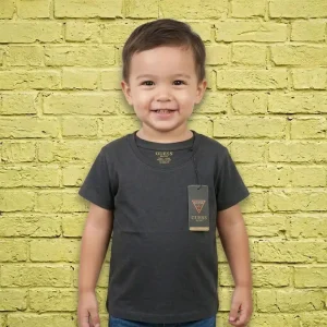 Cute Baby Wearing Guess Kids Charcoal Black Cotton T-Shirt
