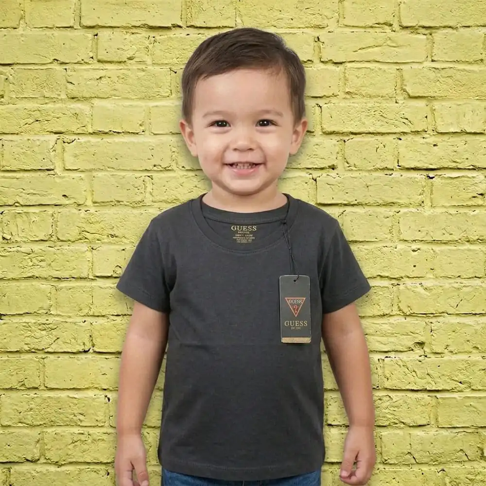 Cute Baby Wearing Guess Kids Charcoal Black Cotton T-Shirt